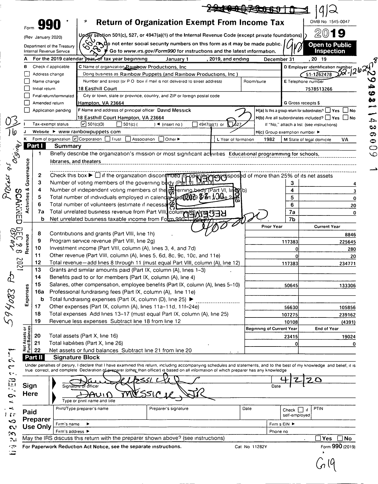 Image of first page of 2019 Form 990 for Rainbow Productions