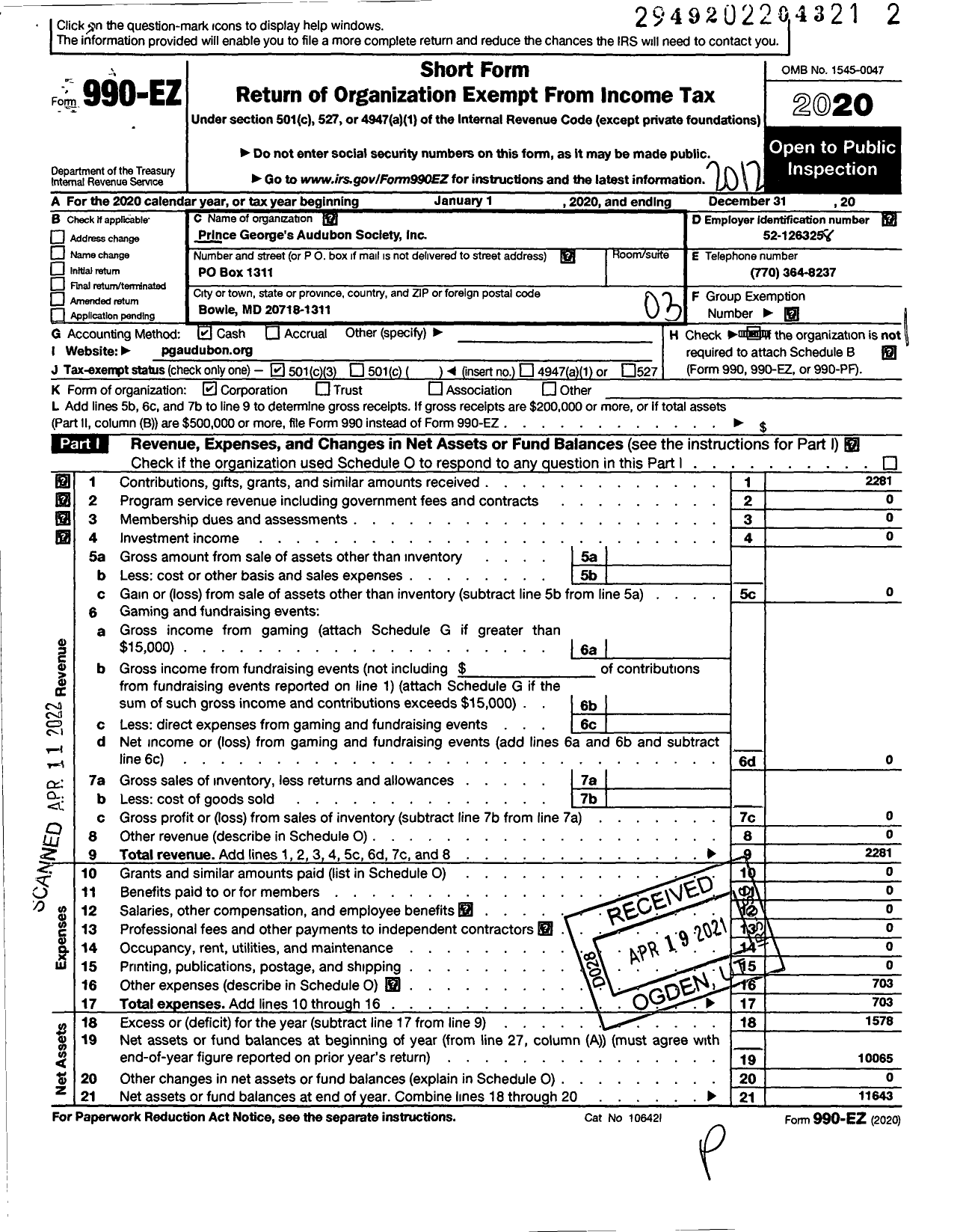 Image of first page of 2020 Form 990EZ for Prince Georges Audubon Society Incorporated