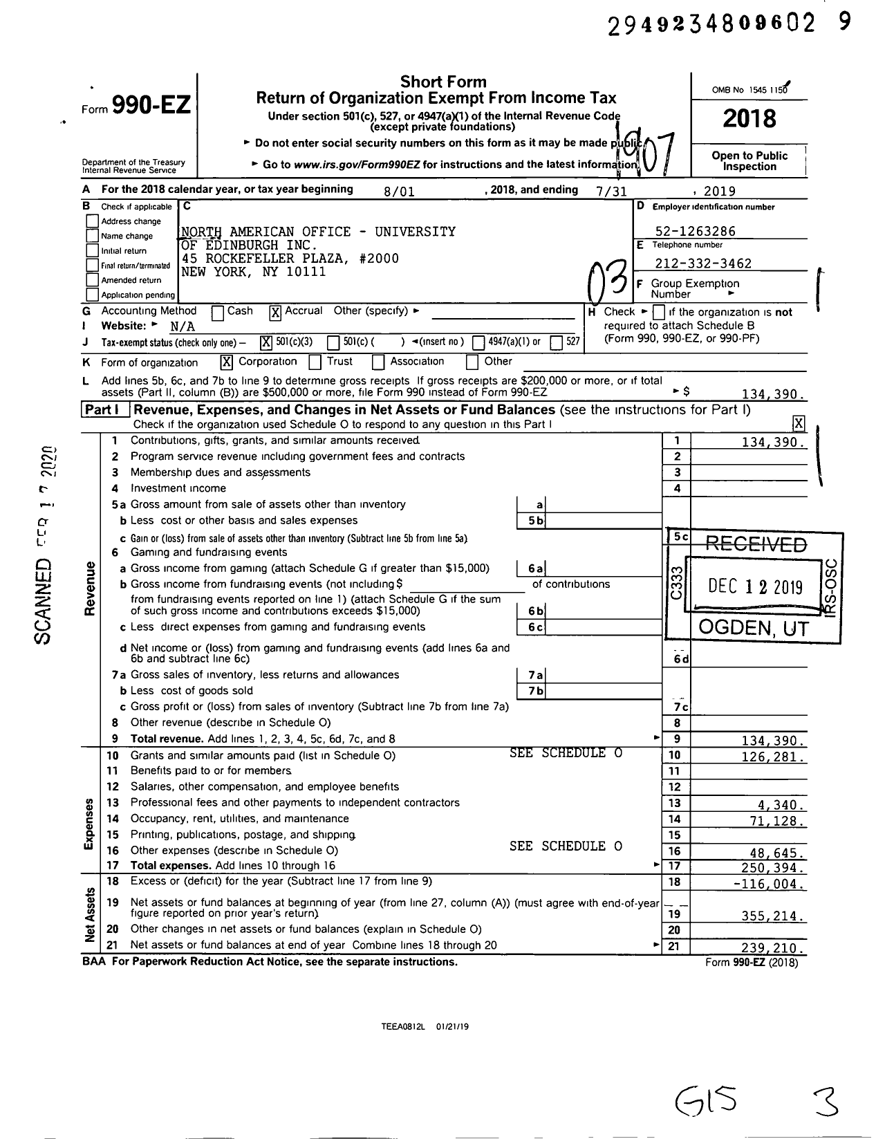 Image of first page of 2018 Form 990EZ for North American Office-University of Edinburgh / American Friends of the University