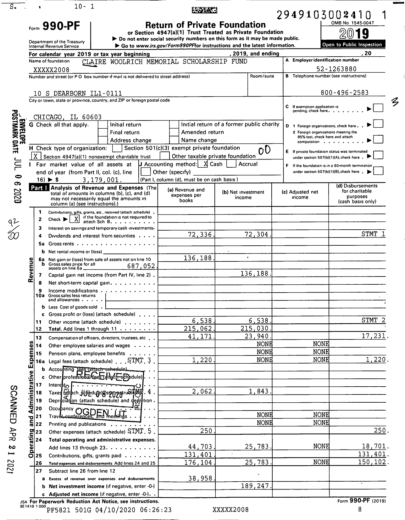 Image of first page of 2019 Form 990PF for Claire Woolrich Memorial Scholarship Fund