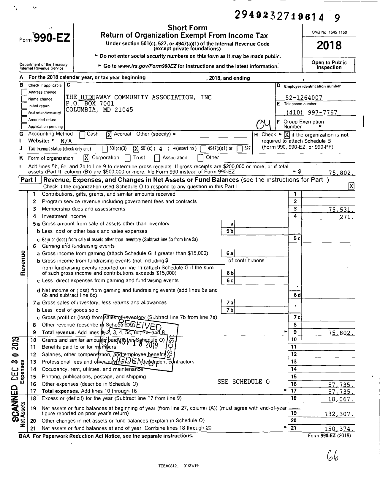 Image of first page of 2018 Form 990EO for The Hideaway Community Association