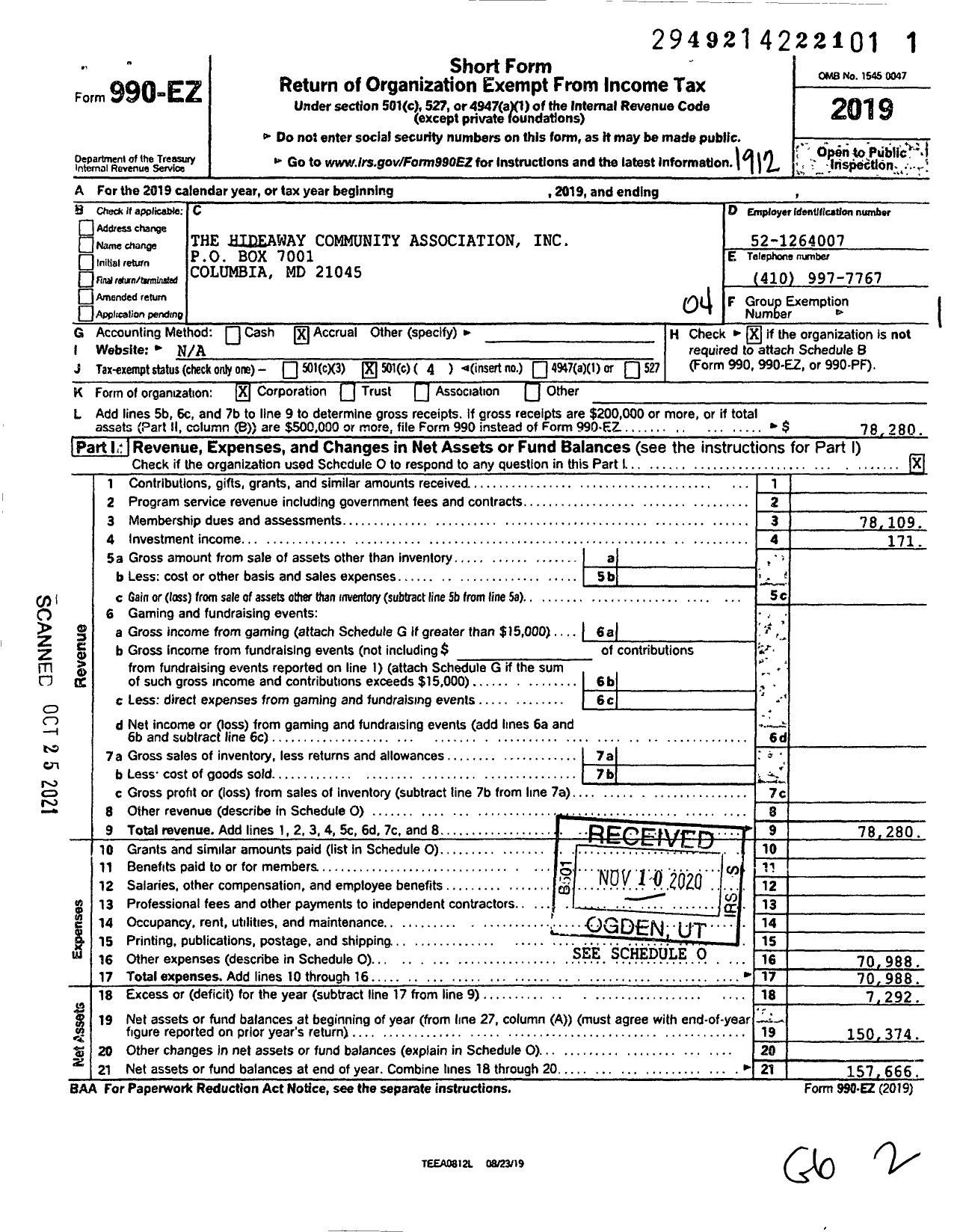 Image of first page of 2019 Form 990EO for The Hideaway Community Association