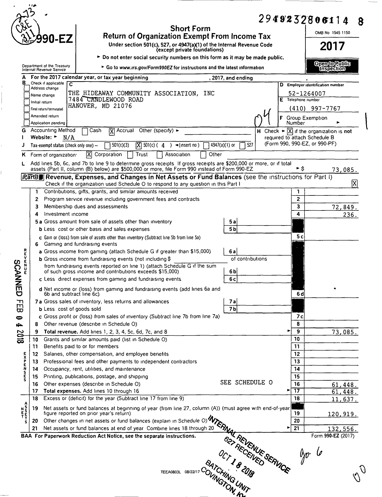 Image of first page of 2017 Form 990EO for The Hideaway Community Association