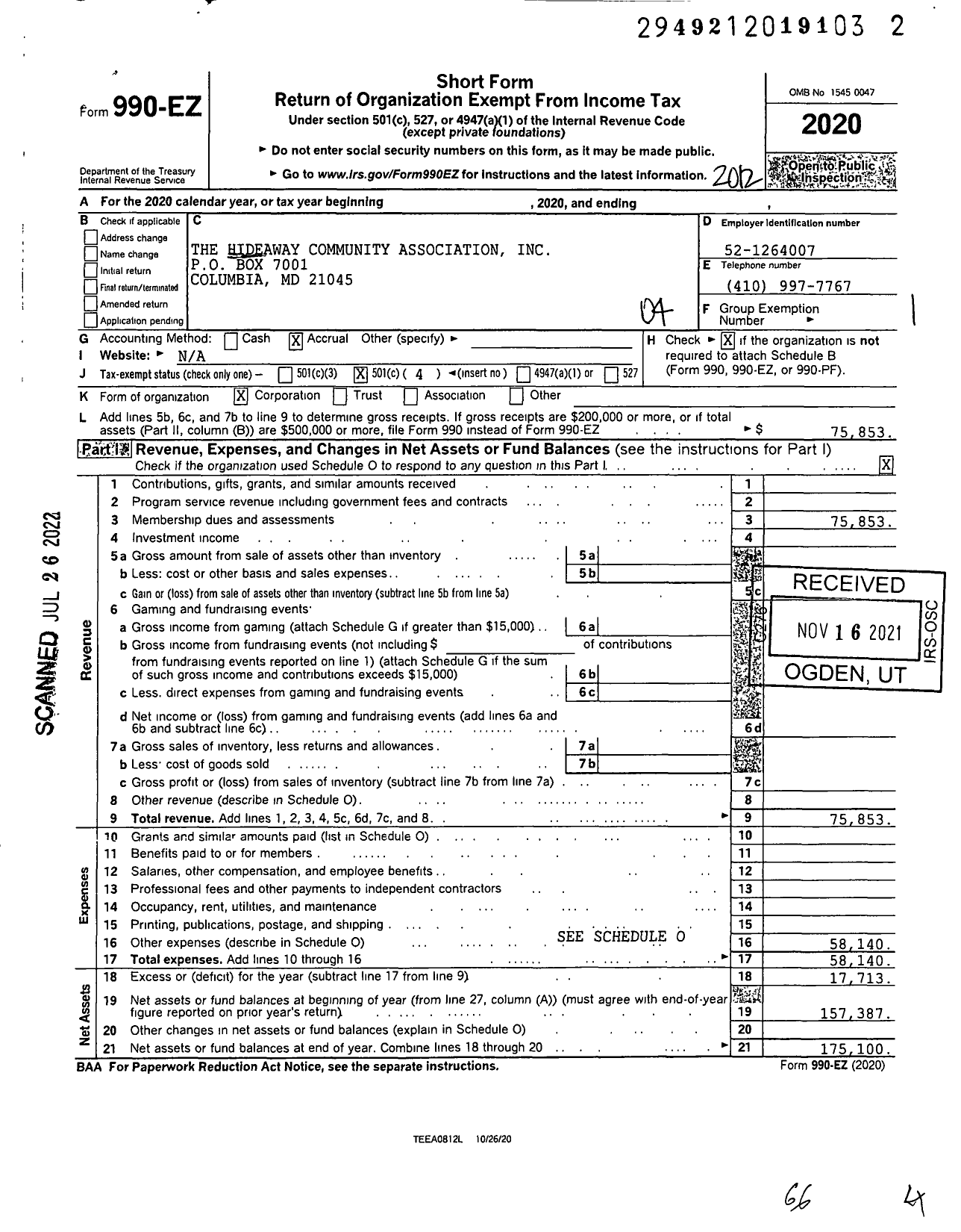 Image of first page of 2020 Form 990EO for The Hideaway Community Association