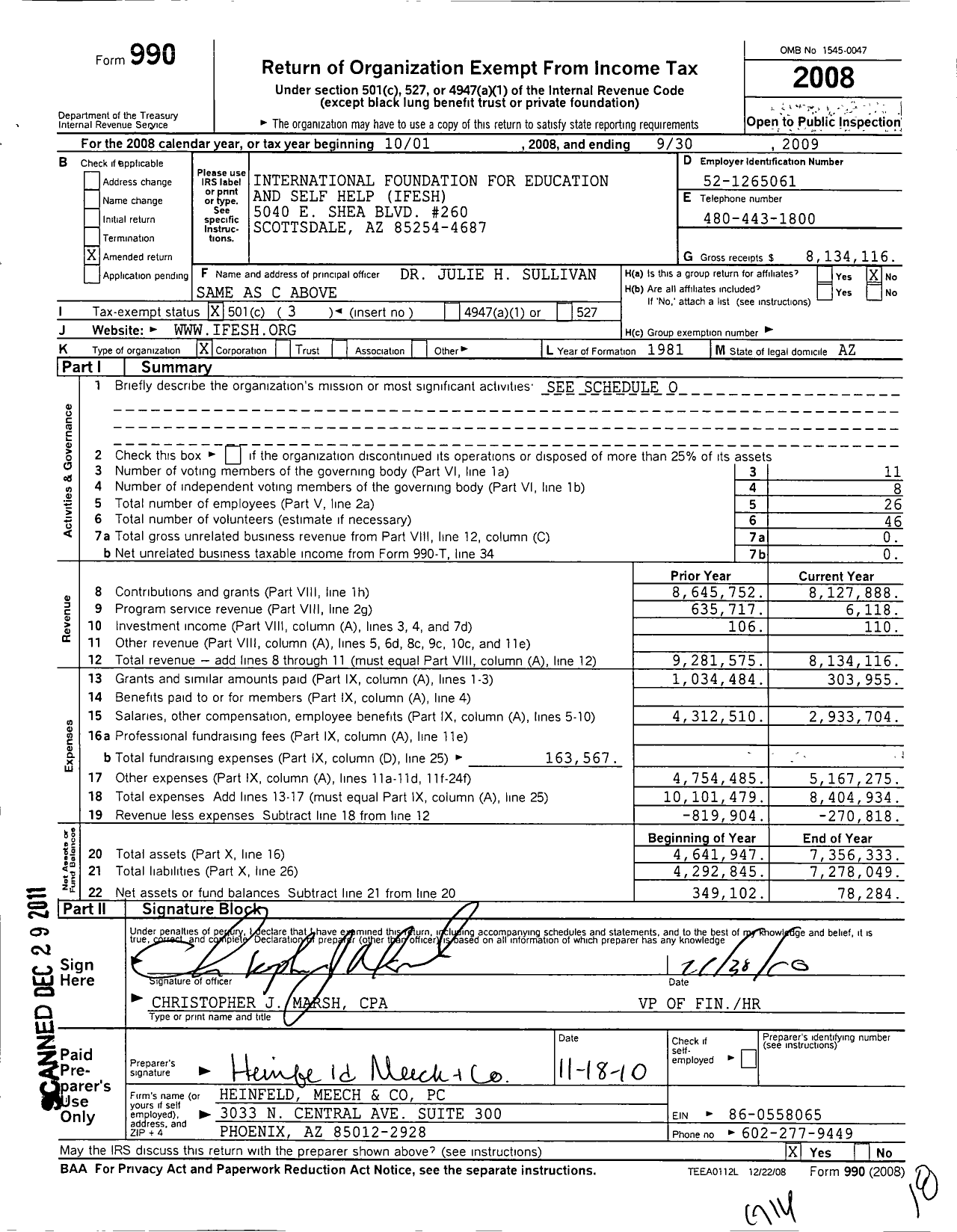 Image of first page of 2008 Form 990 for International Foundation for Education and Self-Help (IFESH)