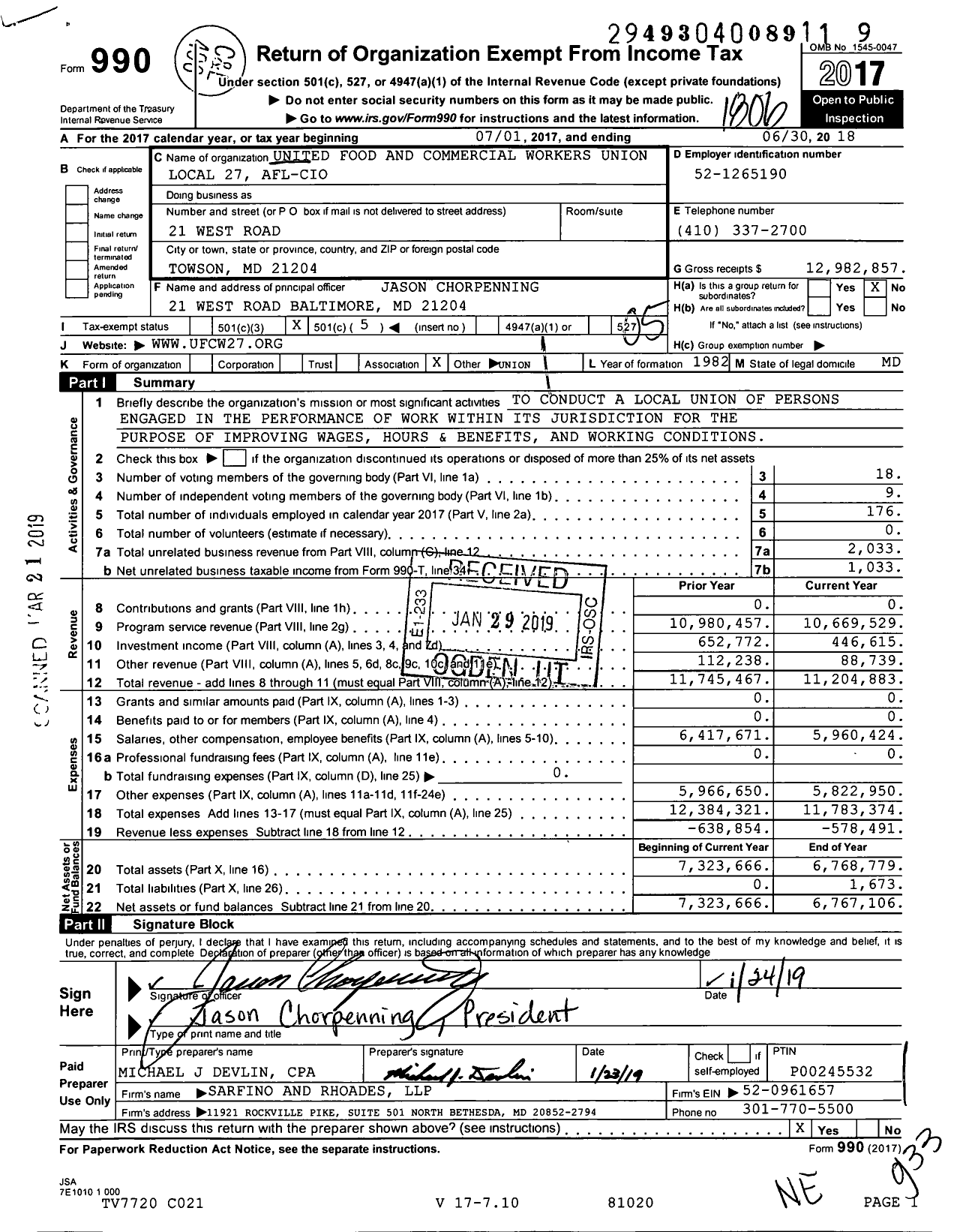 Image of first page of 2017 Form 990O for United Food and Commercial Workers Local 27 (UFCW)