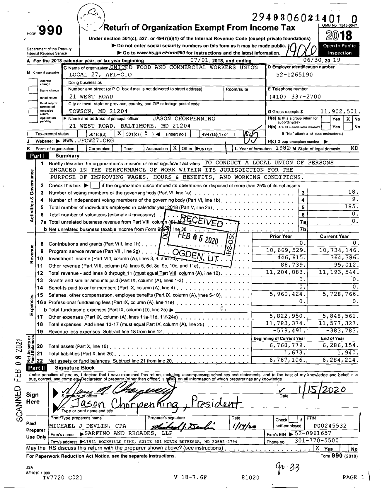 Image of first page of 2018 Form 990O for United Food and Commercial Workers Local 27 (UFCW)