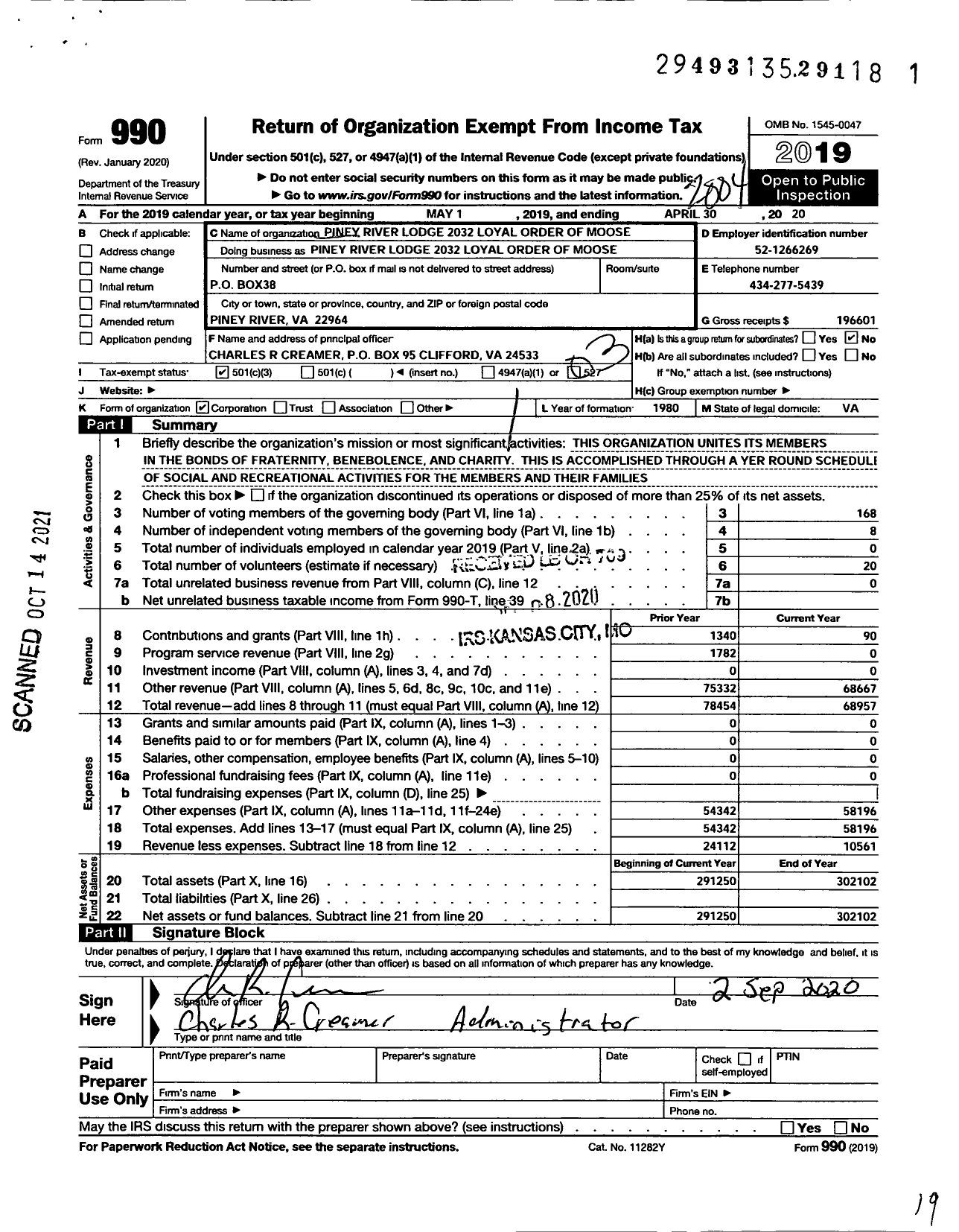 Image of first page of 2019 Form 990 for Loyal Order of Moose - 2032