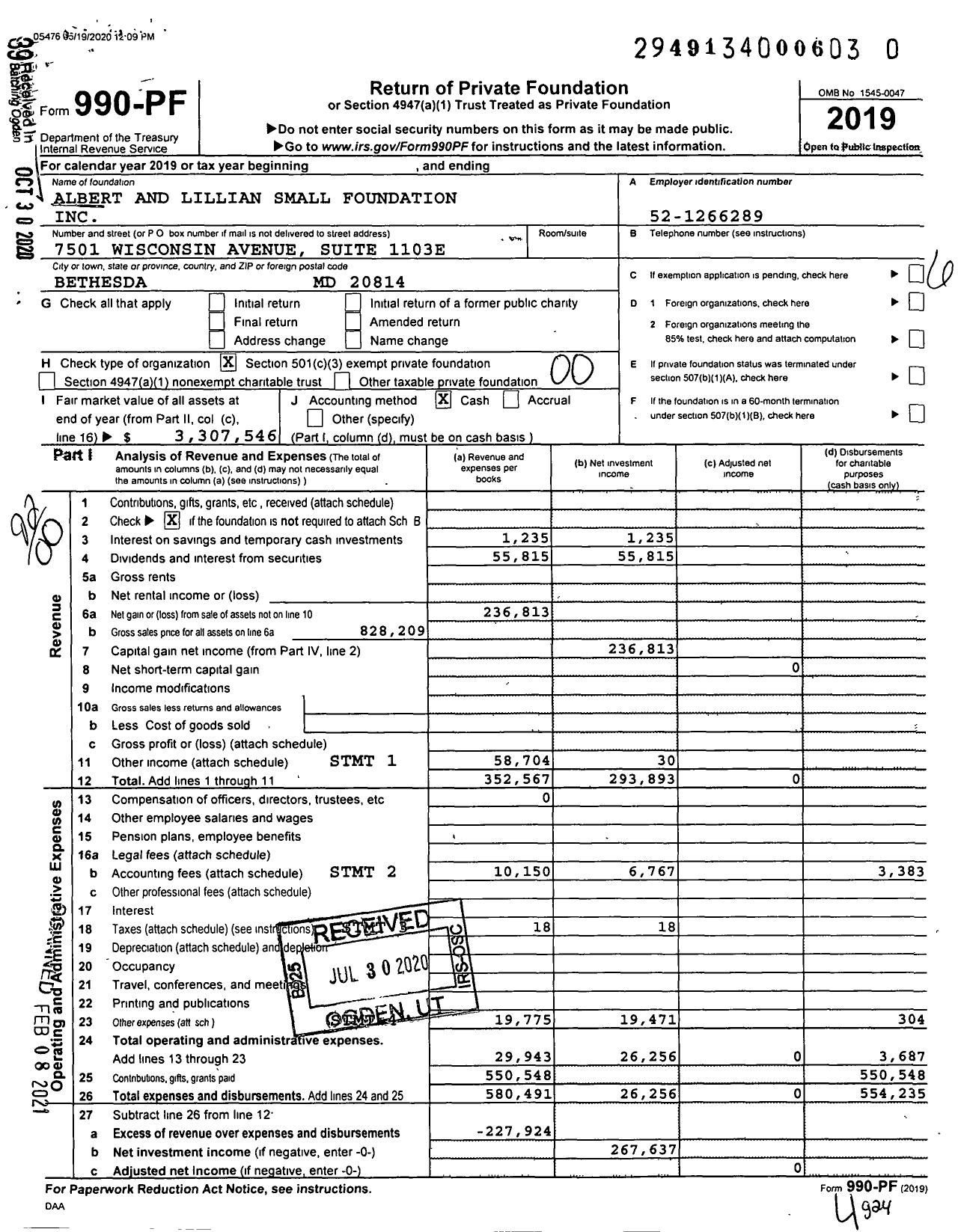 Image of first page of 2019 Form 990PF for Albert and Lillian Small Foundation