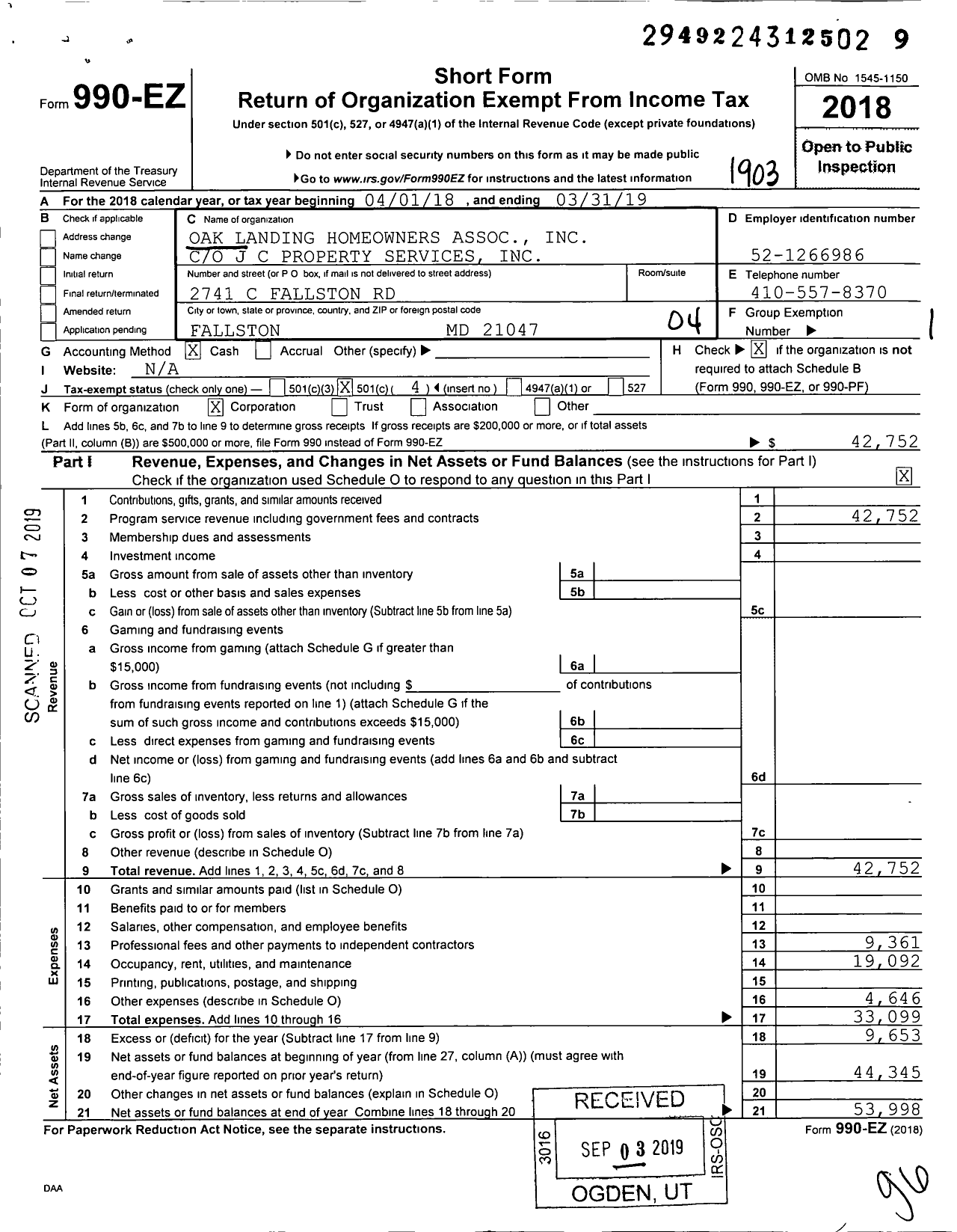 Image of first page of 2018 Form 990EO for Oak Landing Homeowners Association