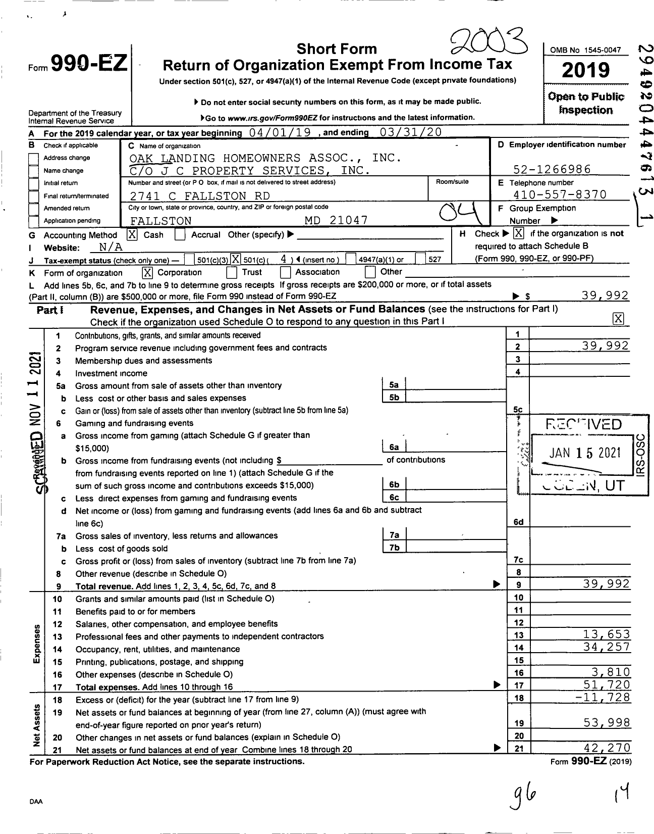 Image of first page of 2019 Form 990EO for Oak Landing Homeowners Association