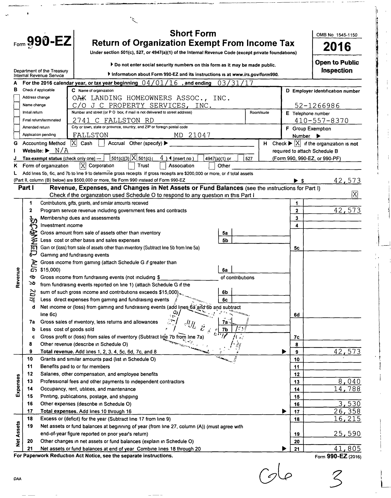 Image of first page of 2016 Form 990EO for Oak Landing Homeowners Association