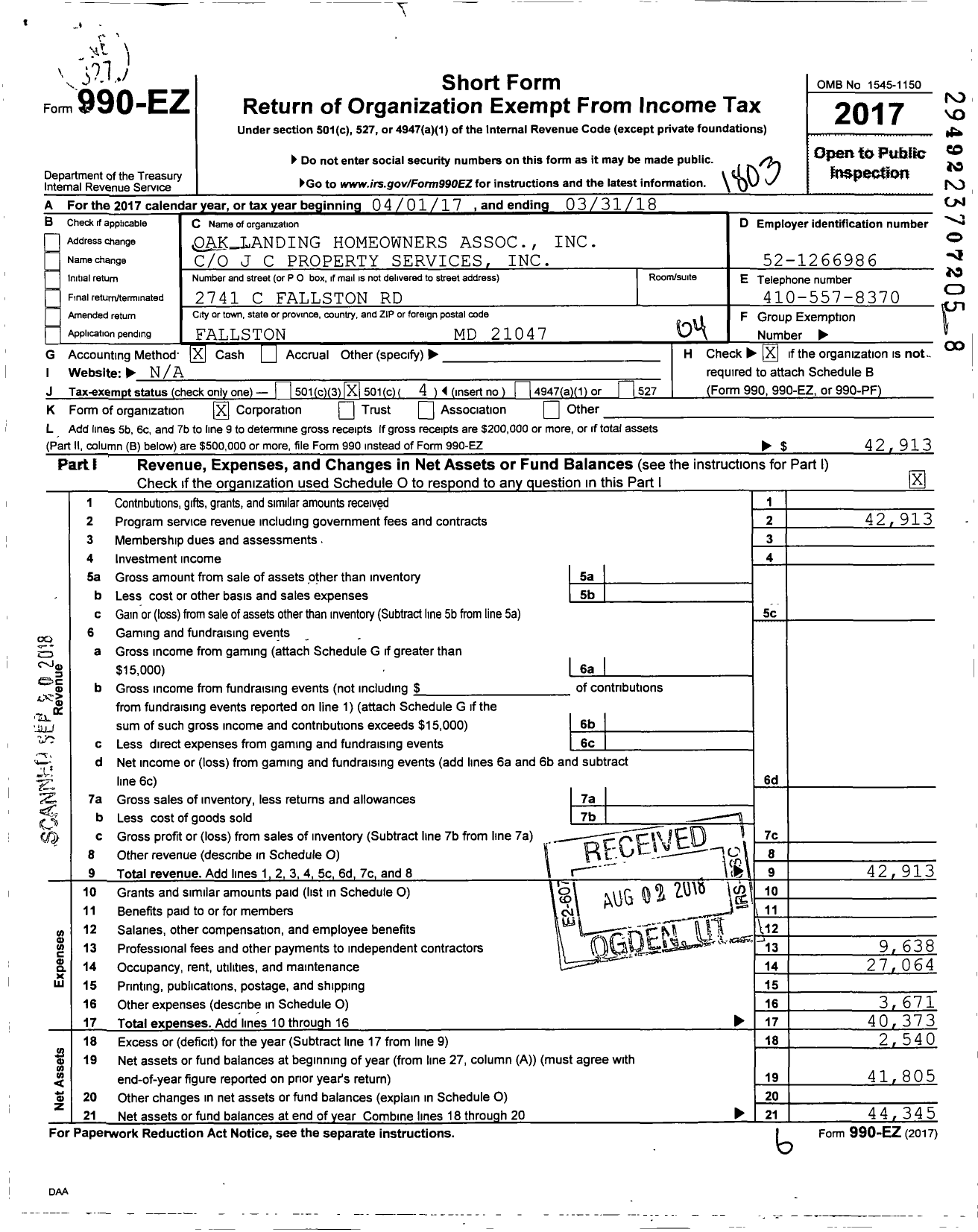 Image of first page of 2017 Form 990EO for Oak Landing Homeowners Association