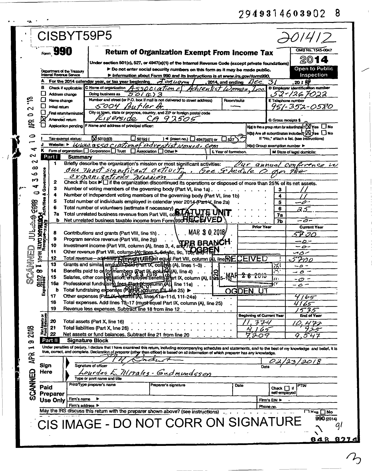 Image of first page of 2014 Form 990 for Association of Adventist Women