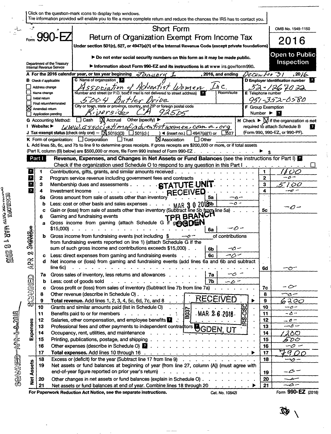 Image of first page of 2016 Form 990EA for Association of Adventist Women