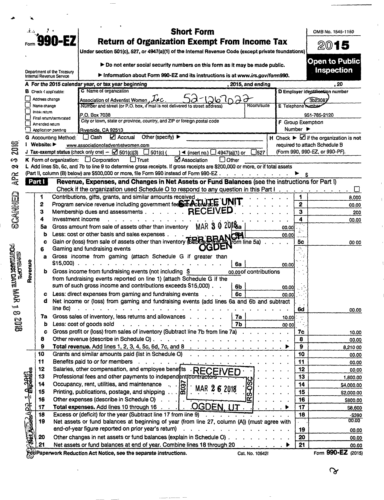 Image of first page of 2015 Form 990EA for Association of Adventist Women