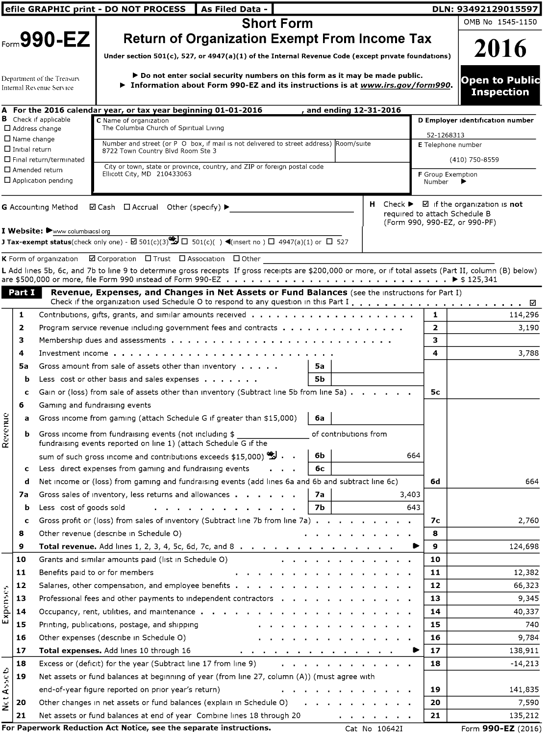 Image of first page of 2016 Form 990EZ for The Columbia Church of Spiritual Living