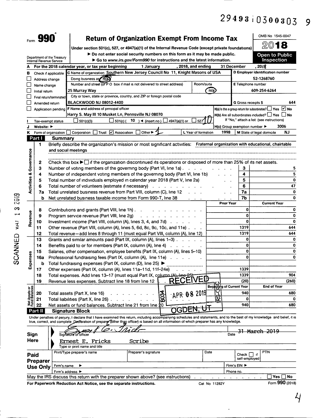 Image of first page of 2018 Form 990O for Southern New Jersey Council No 11 Knight Masons