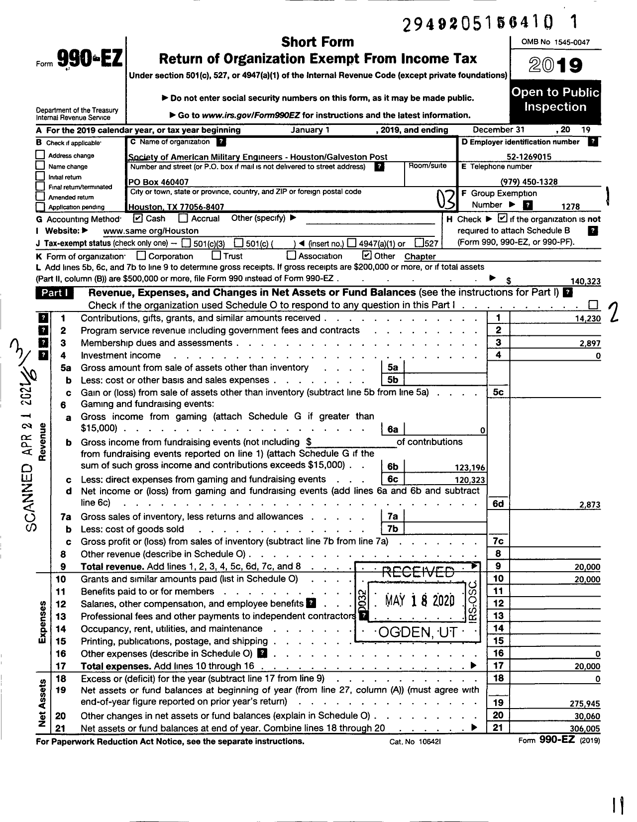 Image of first page of 2019 Form 990EZ for SOCIETY OF AMERICAN MILITARY ENGINEERS / S A M E Houston Post