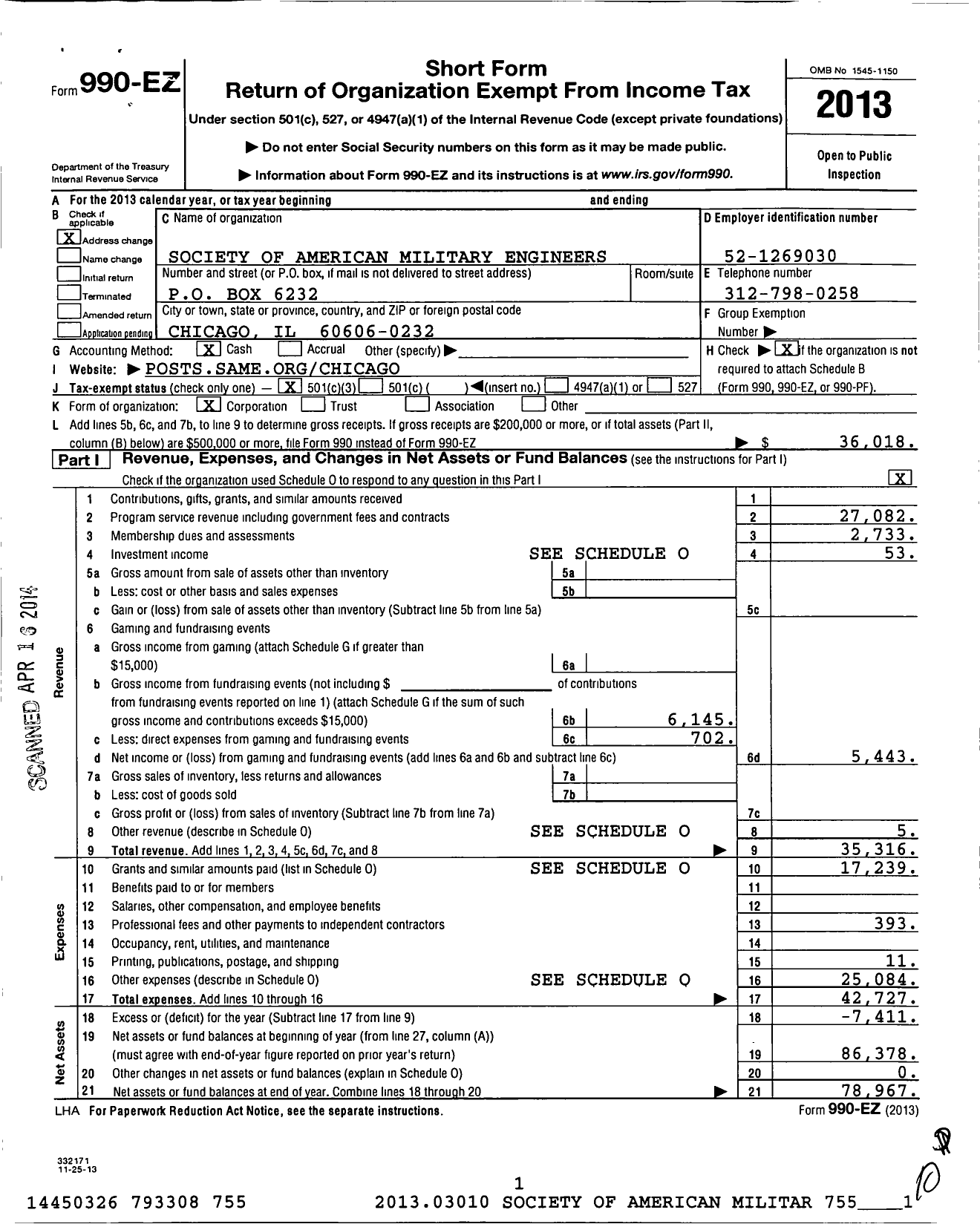 Image of first page of 2013 Form 990EZ for Society of American Military Engineers / S A M E Chicago Post