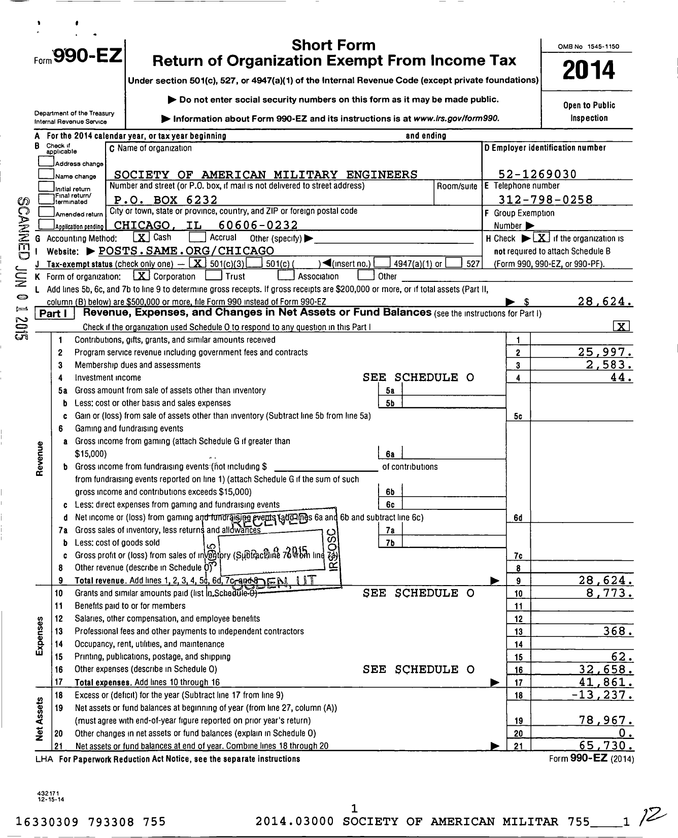 Image of first page of 2014 Form 990EZ for Society of American Military Engineers / S A M E Chicago Post