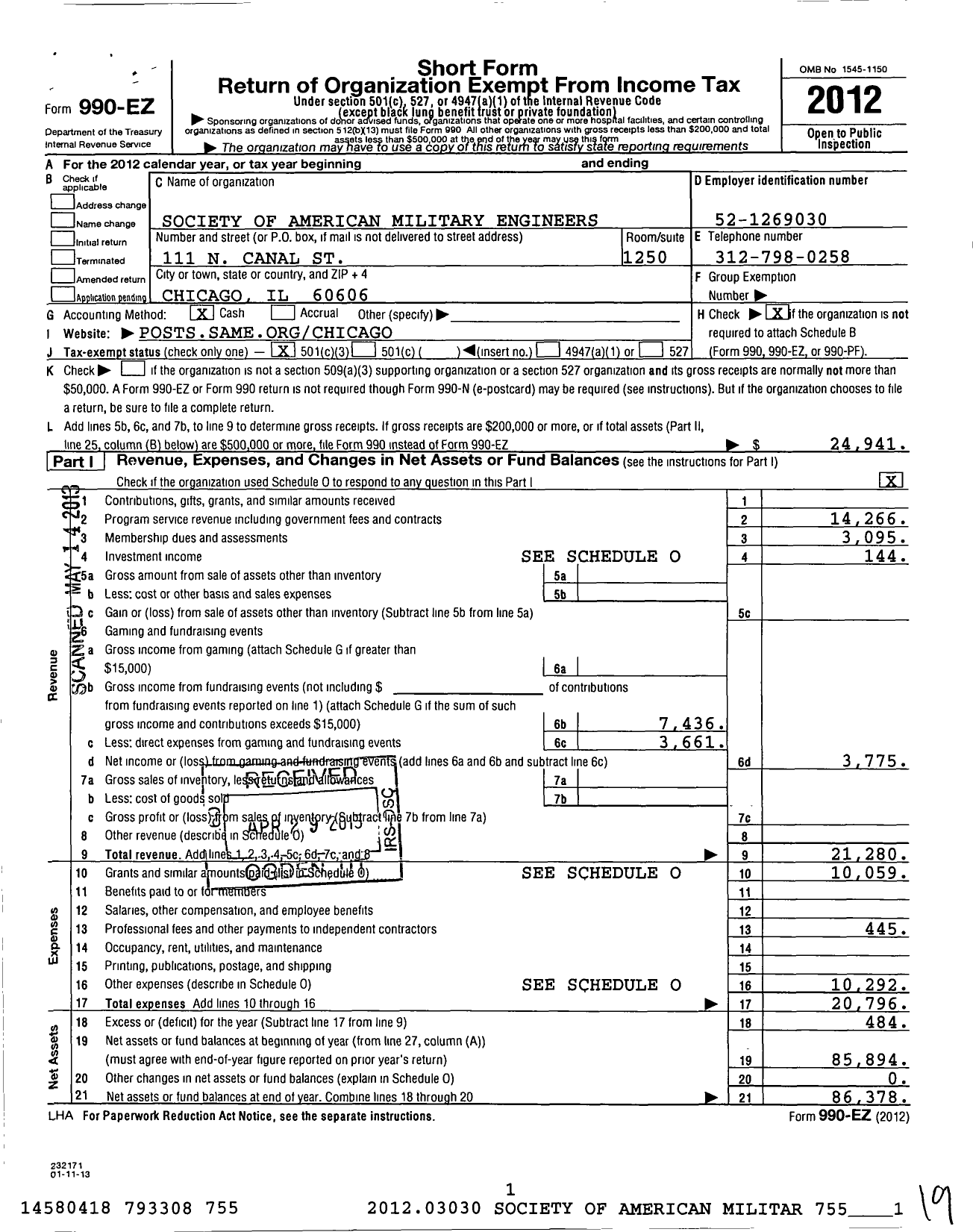 Image of first page of 2012 Form 990EZ for Society of American Military Engineers / S A M E Chicago Post