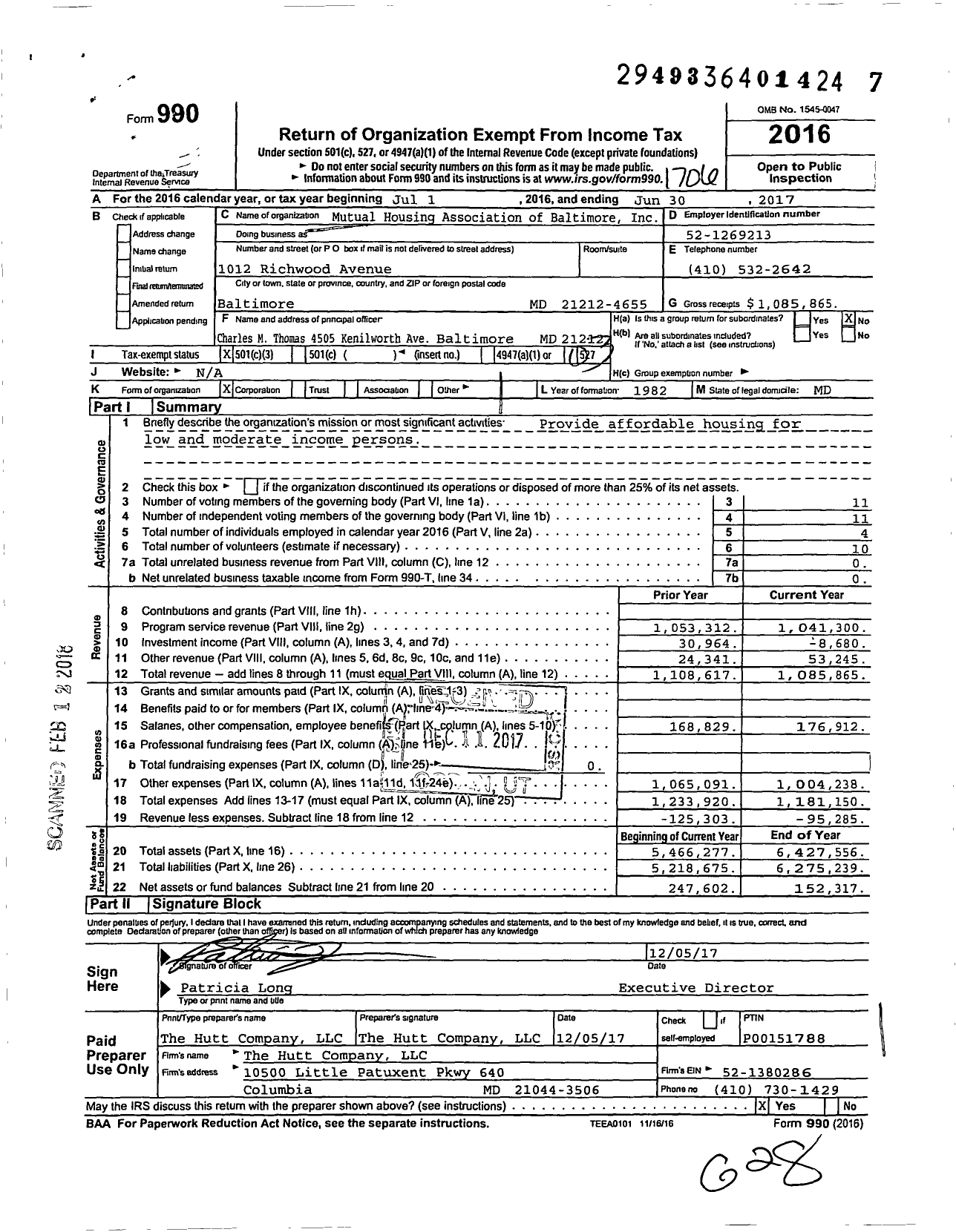 Image of first page of 2016 Form 990 for Mutual Housing Association of Baltimore