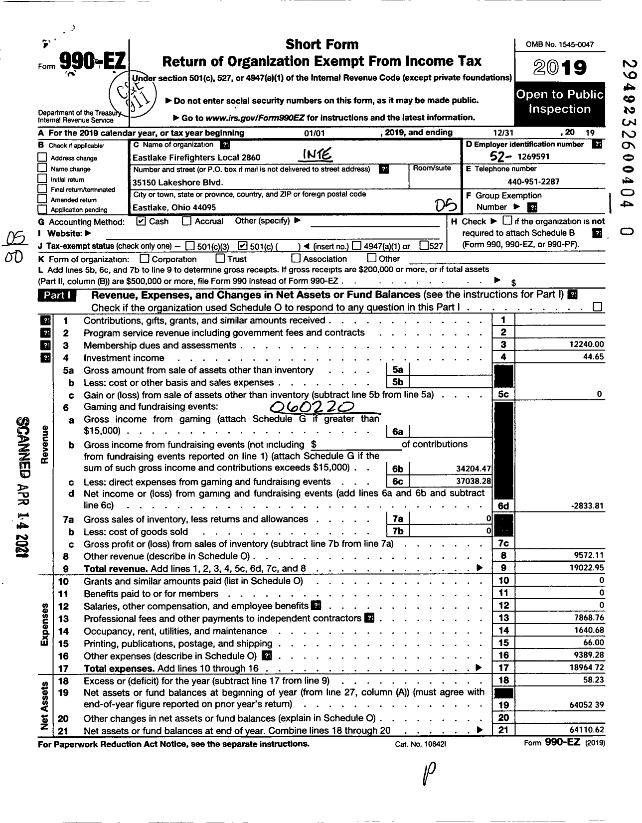 Image of first page of 2019 Form 990EO for International Association of Fire Fighters - L2860 Eastlake Prof Fire Fighters A