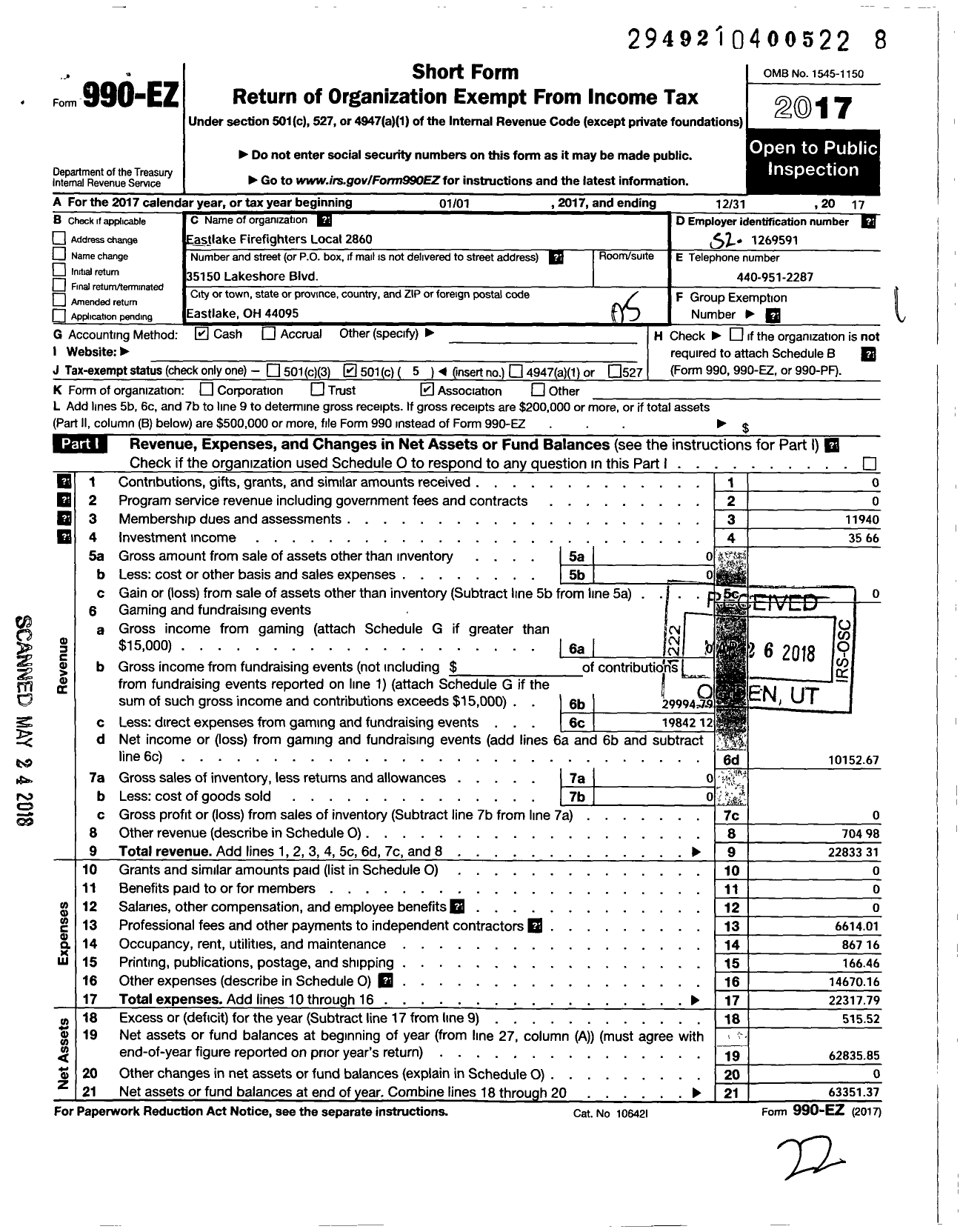 Image of first page of 2017 Form 990EO for International Association of Fire Fighters - L2860 Eastlake Prof Fire Fighters A