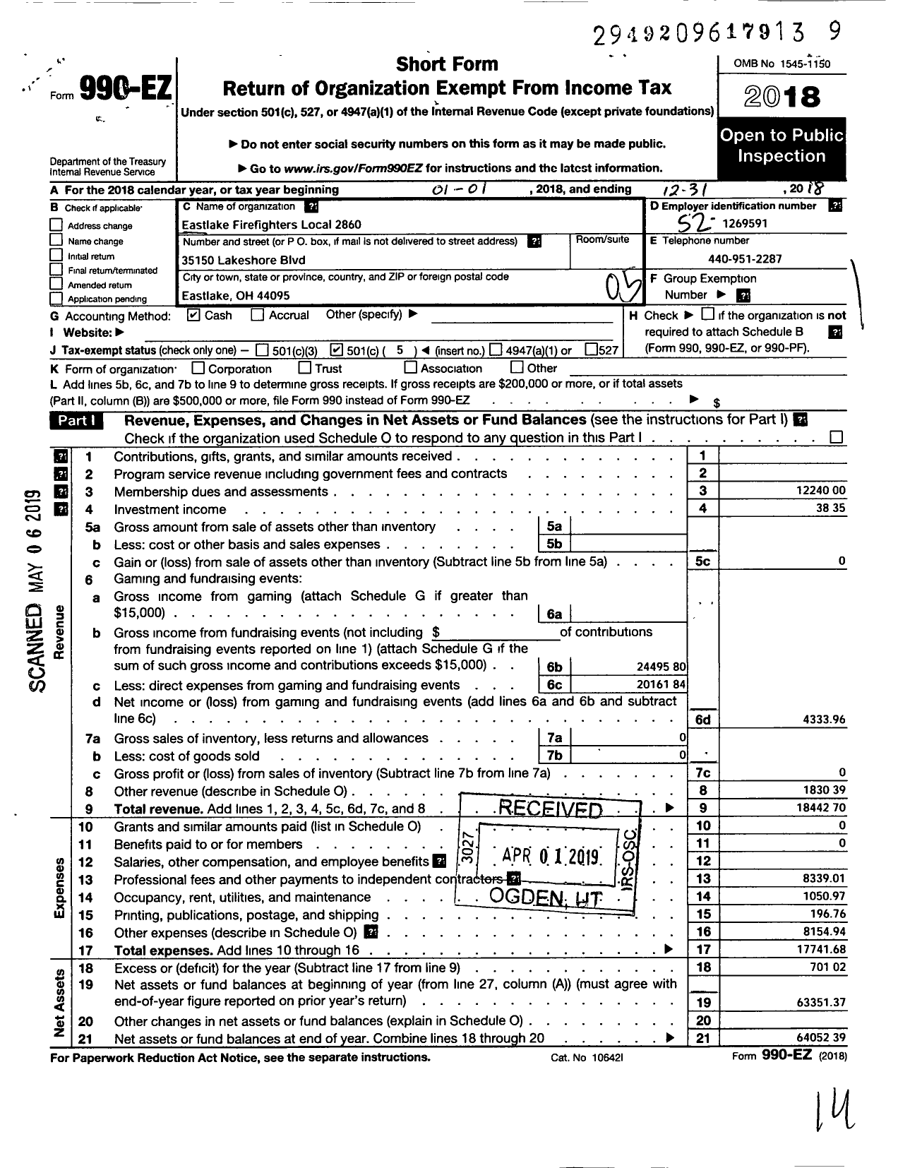 Image of first page of 2018 Form 990EO for International Association of Fire Fighters - L2860 Eastlake Prof Fire Fighters A