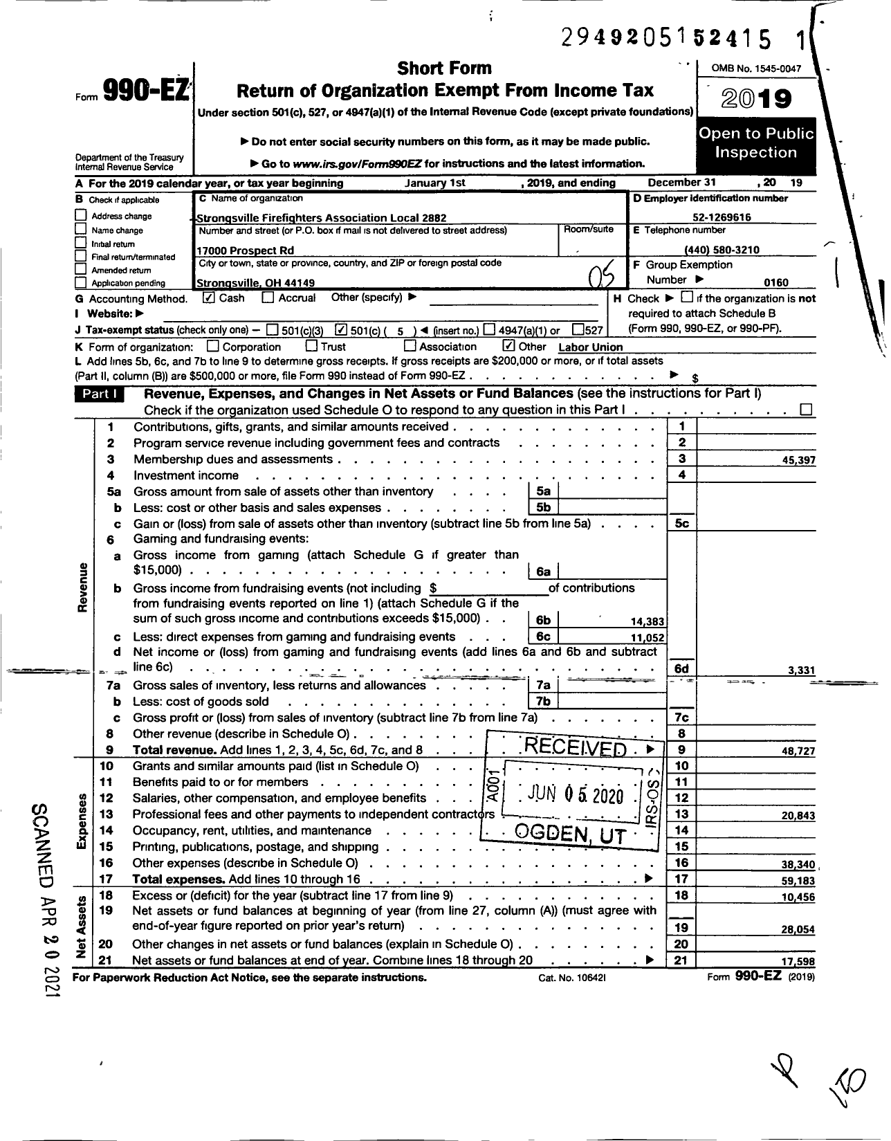 Image of first page of 2019 Form 990EO for INTERNATIONAL ASSOCIATION OF FIRE FIGHTERS - L2882 Strongville FIRE FIGHTERS As