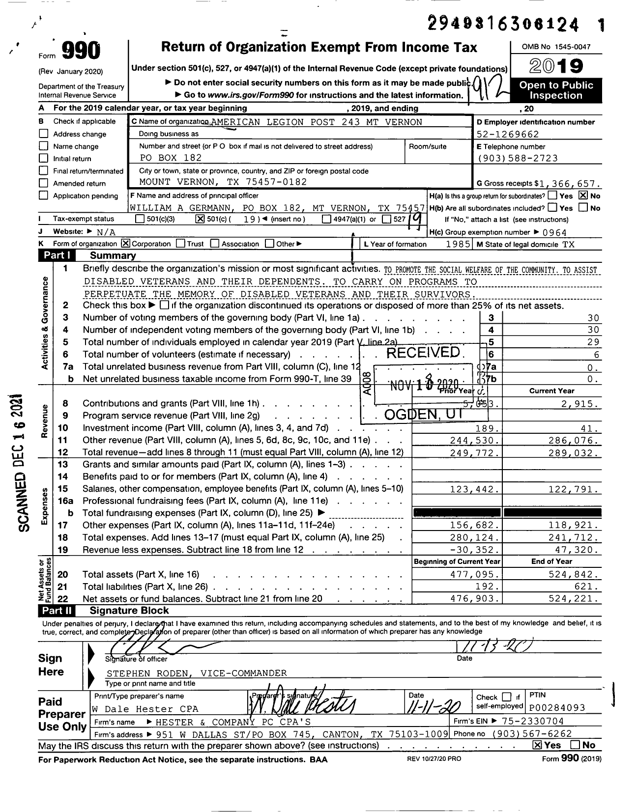 Image of first page of 2019 Form 990O for American Legion - 0243 Mount Vernon