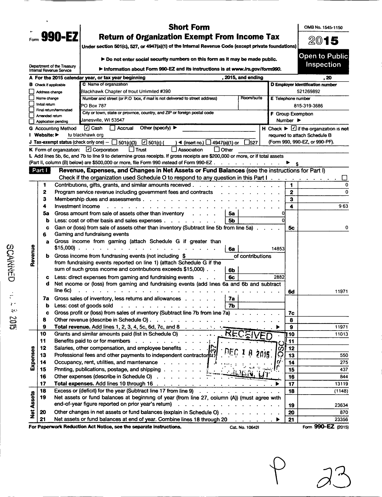 Image of first page of 2015 Form 990EO for Trout Unlimited - 390 Blackhawk