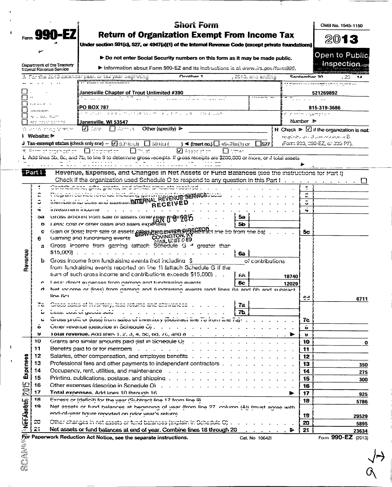 Image of first page of 2013 Form 990EZ for Trout Unlimited - 390 Blackhawk