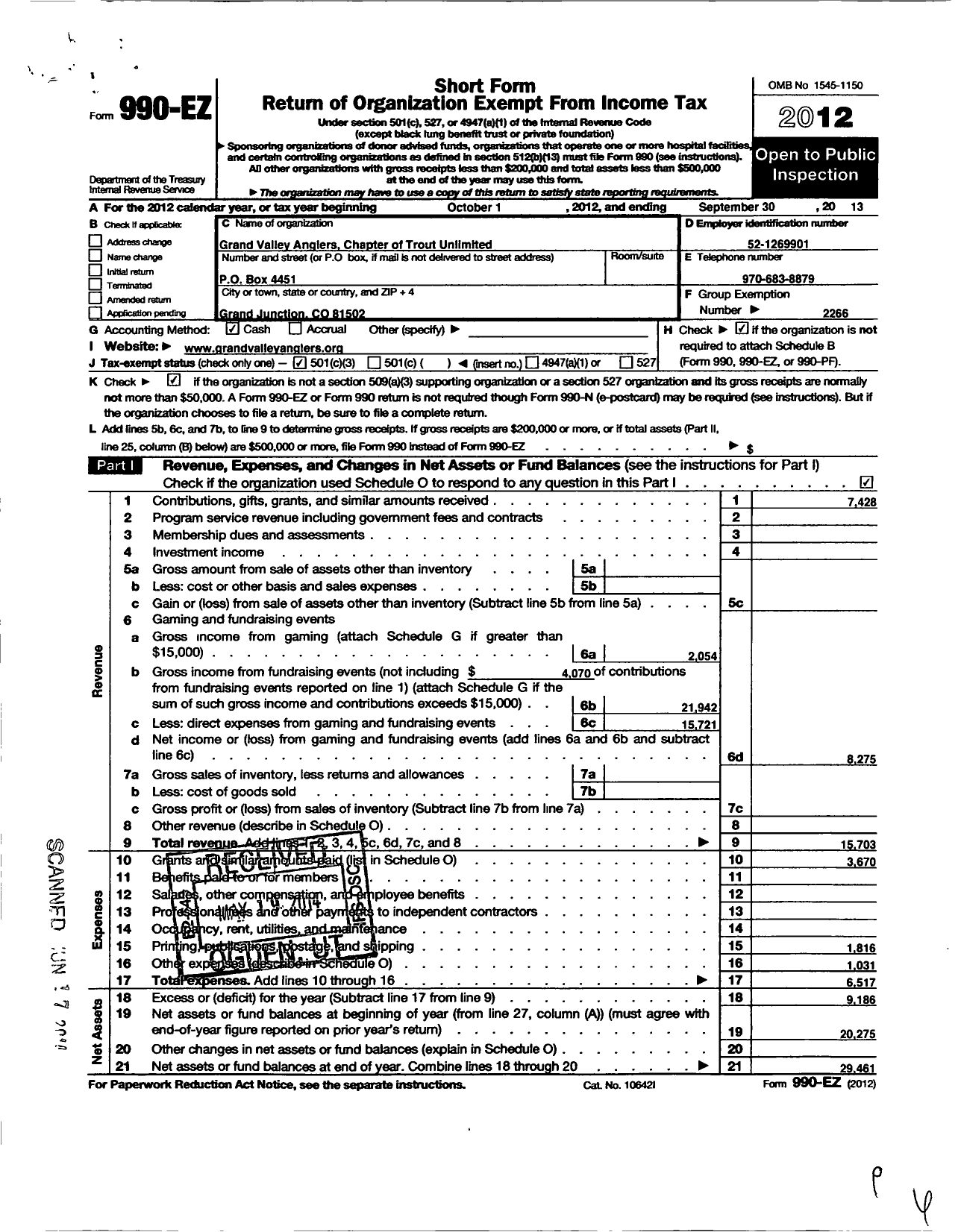 Image of first page of 2012 Form 990EZ for Trout Unlimited - 319 Grand Valley Anglers