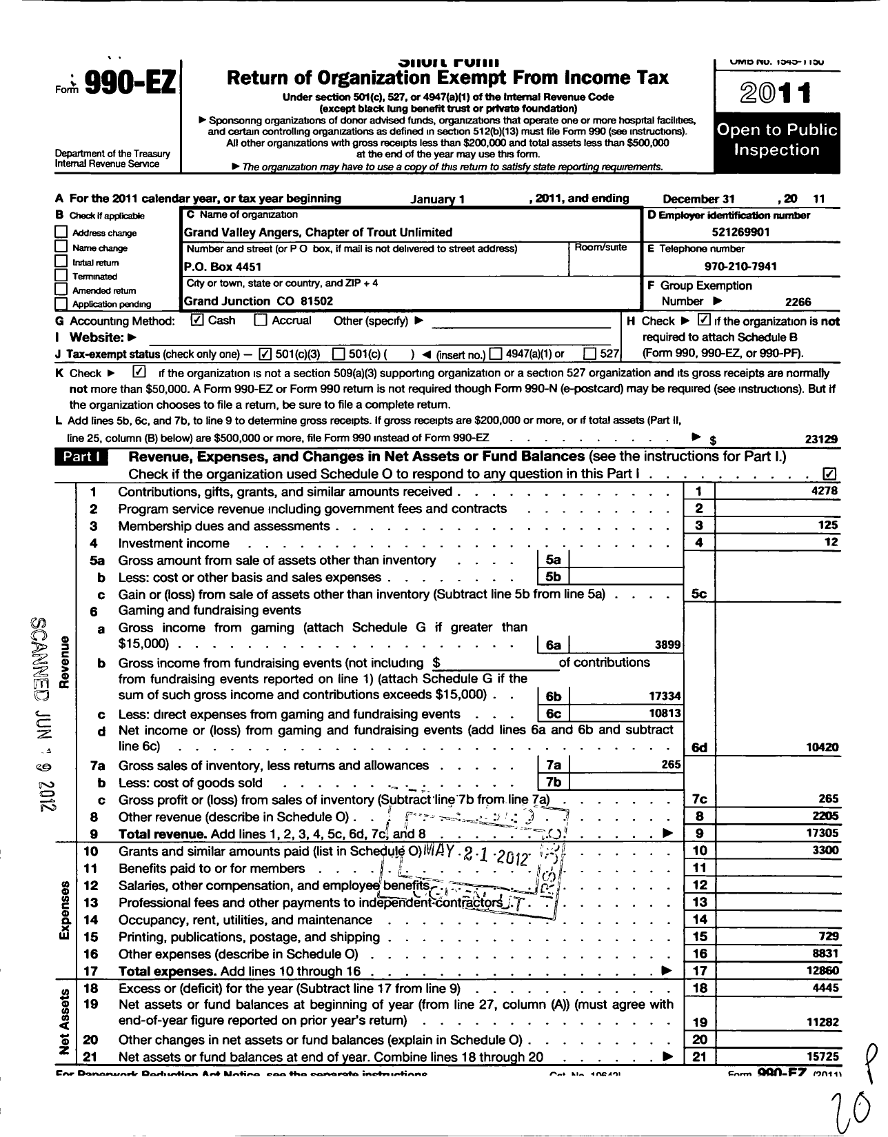 Image of first page of 2011 Form 990EZ for Trout Unlimited - 319 Grand Valley Anglers