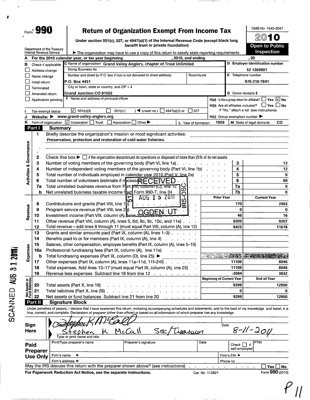 Image of first page of 2010 Form 990 for Trout Unlimited - 319 Grand Valley Anglers