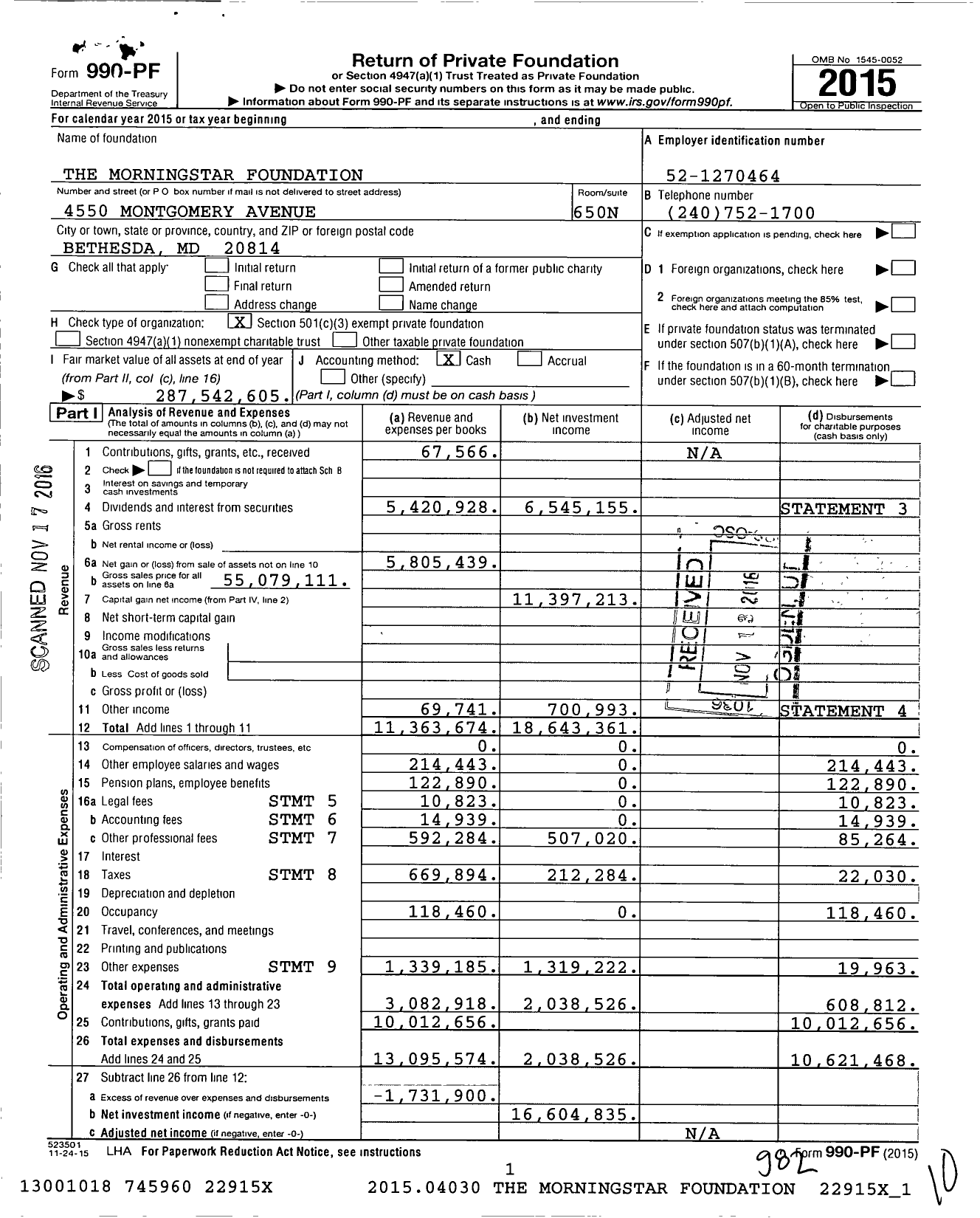 Image of first page of 2015 Form 990PF for The Morningstar Foundation