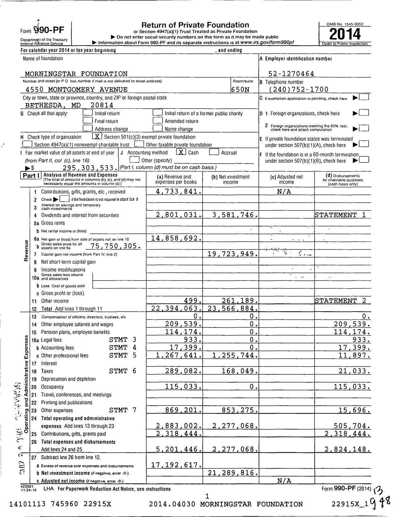 Image of first page of 2014 Form 990PF for The Morningstar Foundation