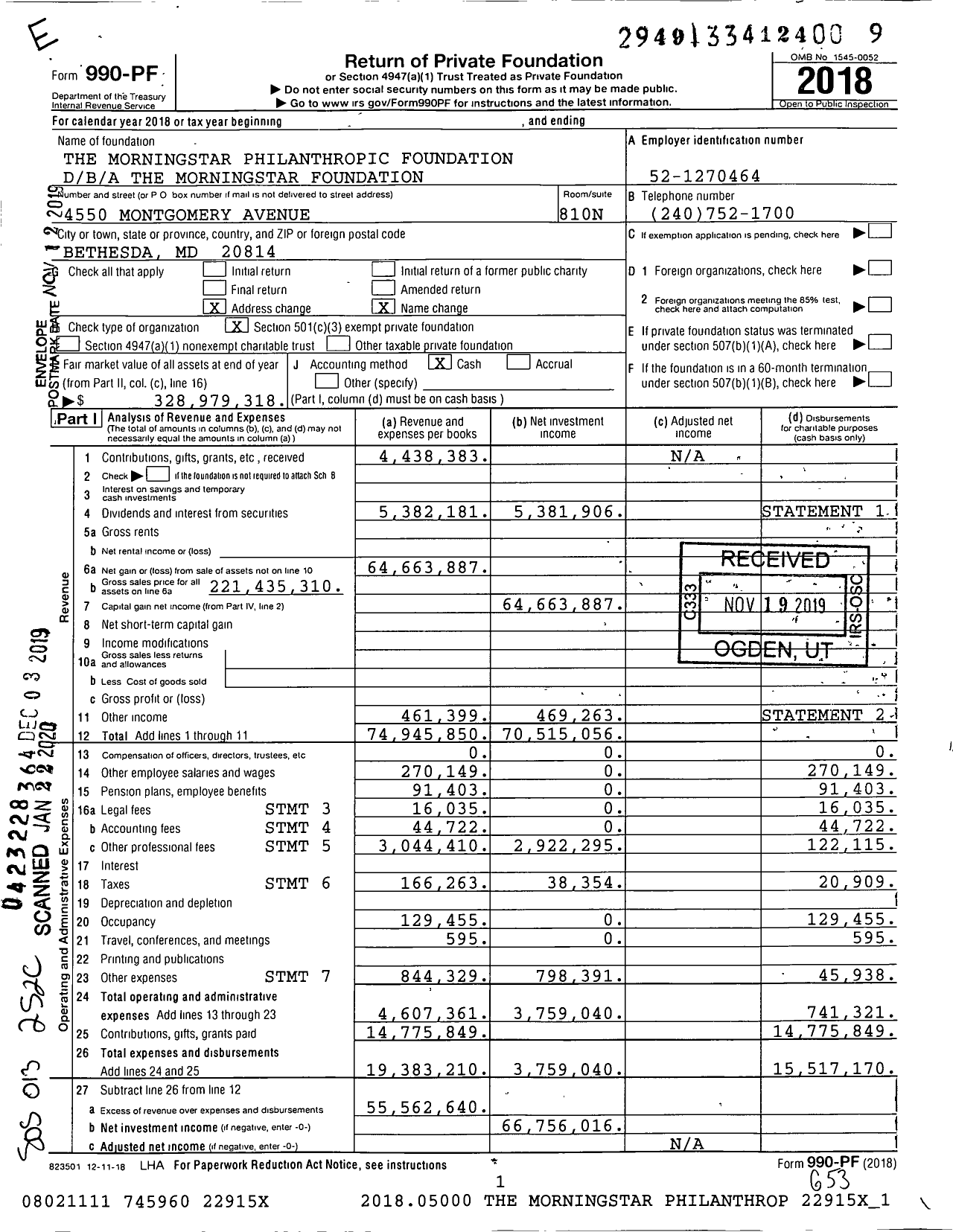 Image of first page of 2018 Form 990PF for The Morningstar Foundation