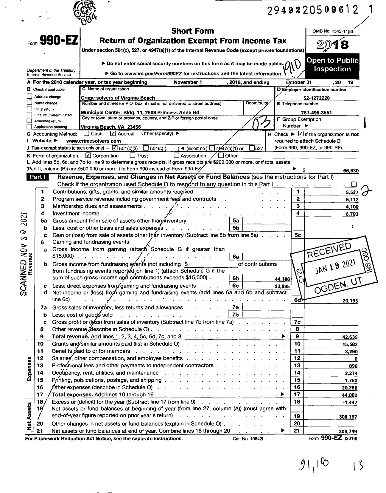 Image of first page of 2018 Form 990EZ for Crime Solvers of Virginia Beach