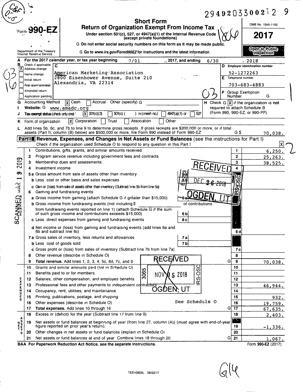 Image of first page of 2017 Form 990EZ for American Marketing Association - DC Chapter