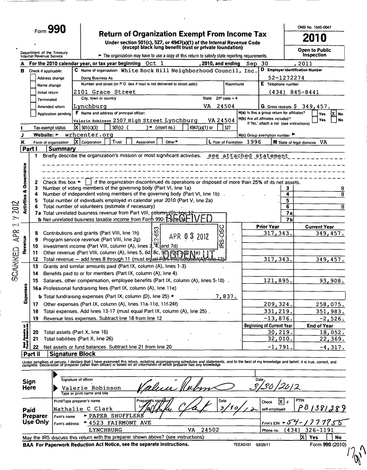Image of first page of 2010 Form 990 for White Rock Hill NBRHD Council