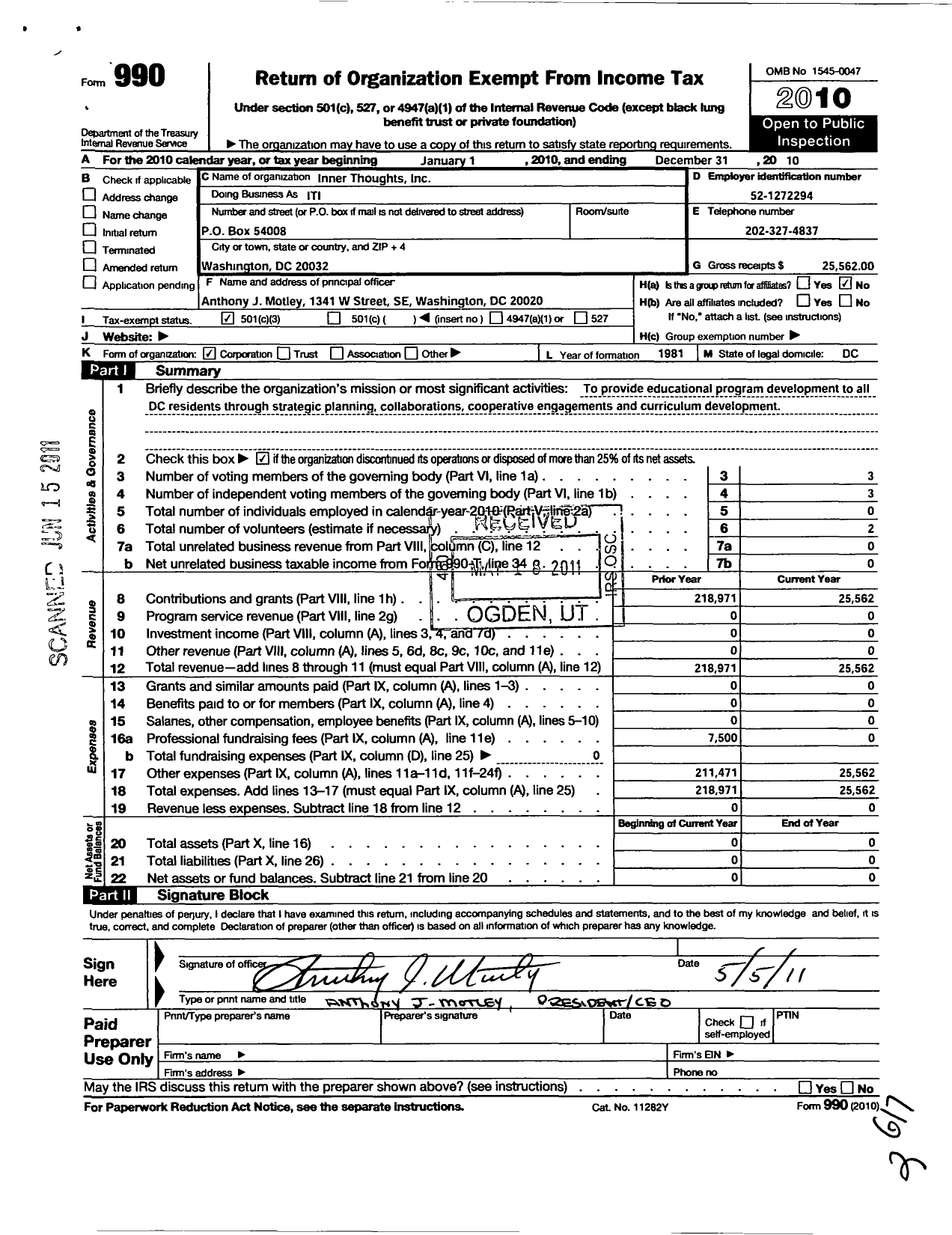 Image of first page of 2010 Form 990 for Inner Thoughts (ITI)