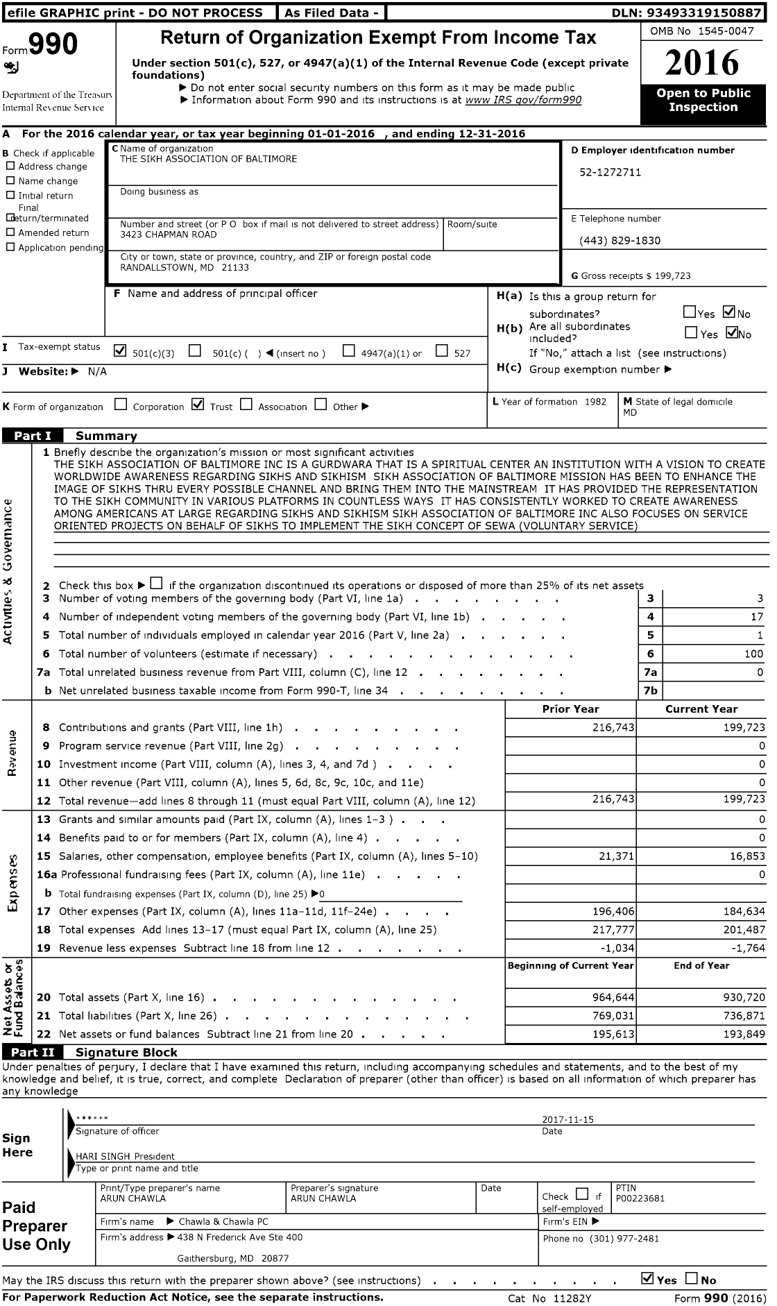 Image of first page of 2016 Form 990 for The Sikh Association of Baltimore