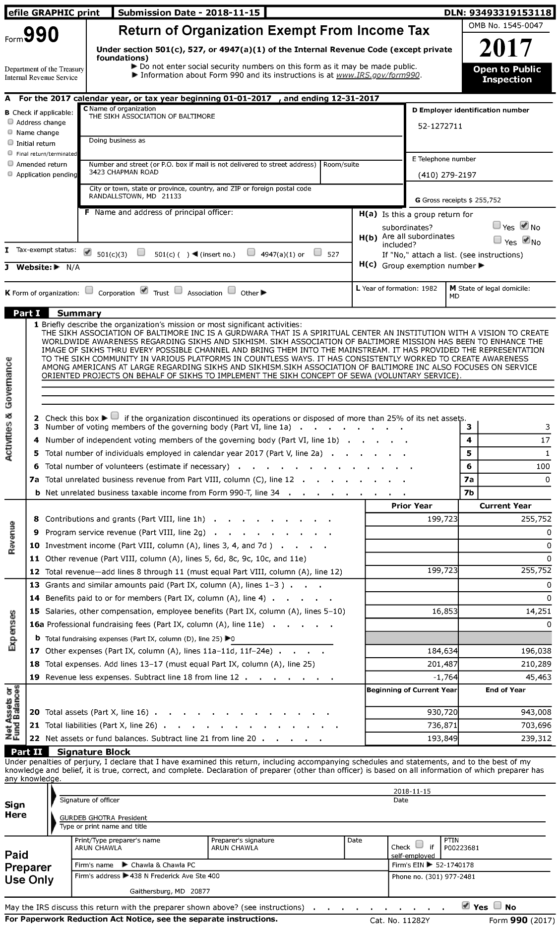 Image of first page of 2017 Form 990 for The Sikh Association of Baltimore