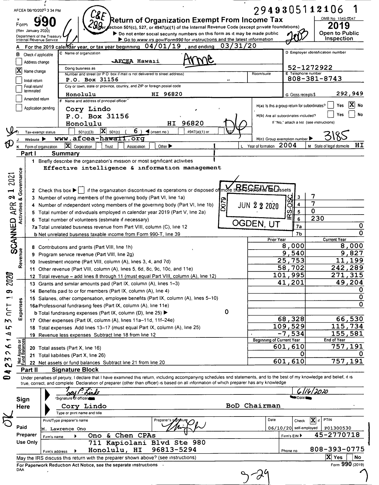 Image of first page of 2019 Form 990O for Afcea Hawaii