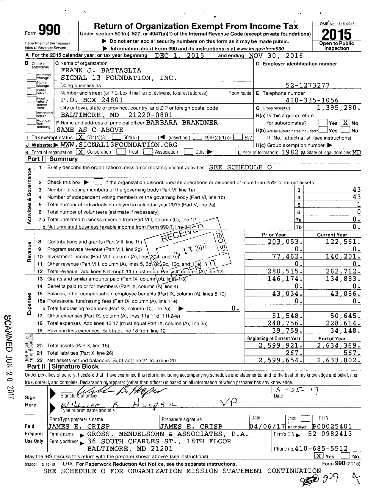 Image of first page of 2015 Form 990 for Frank J Battaglia Signal 13 Foundation