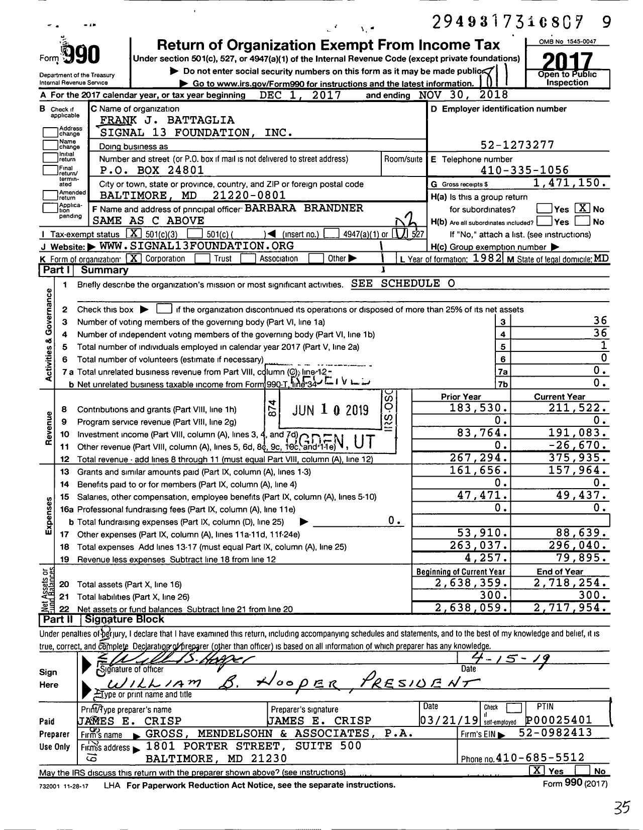 Image of first page of 2017 Form 990 for Frank J Battaglia Signal 13 Foundation