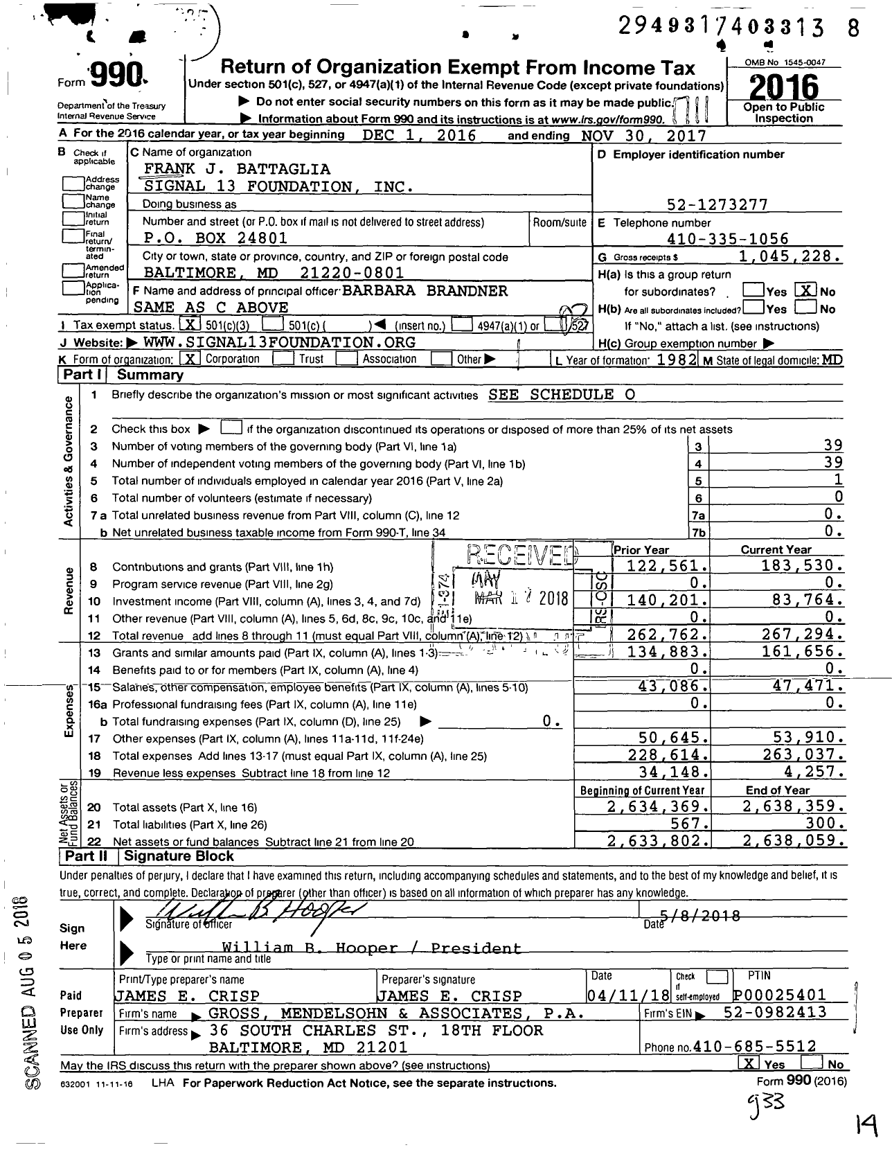Image of first page of 2016 Form 990 for Frank J Battaglia Signal 13 Foundation